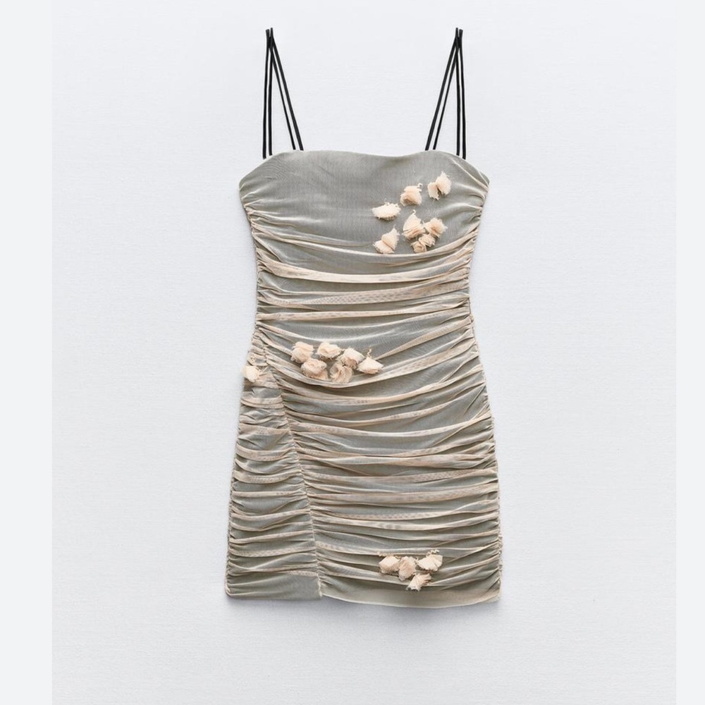 ZARA BEIGE-PINK FLORAL TULLE MINI DRESS REF:0881/327 Size S - Picture 3 of 11